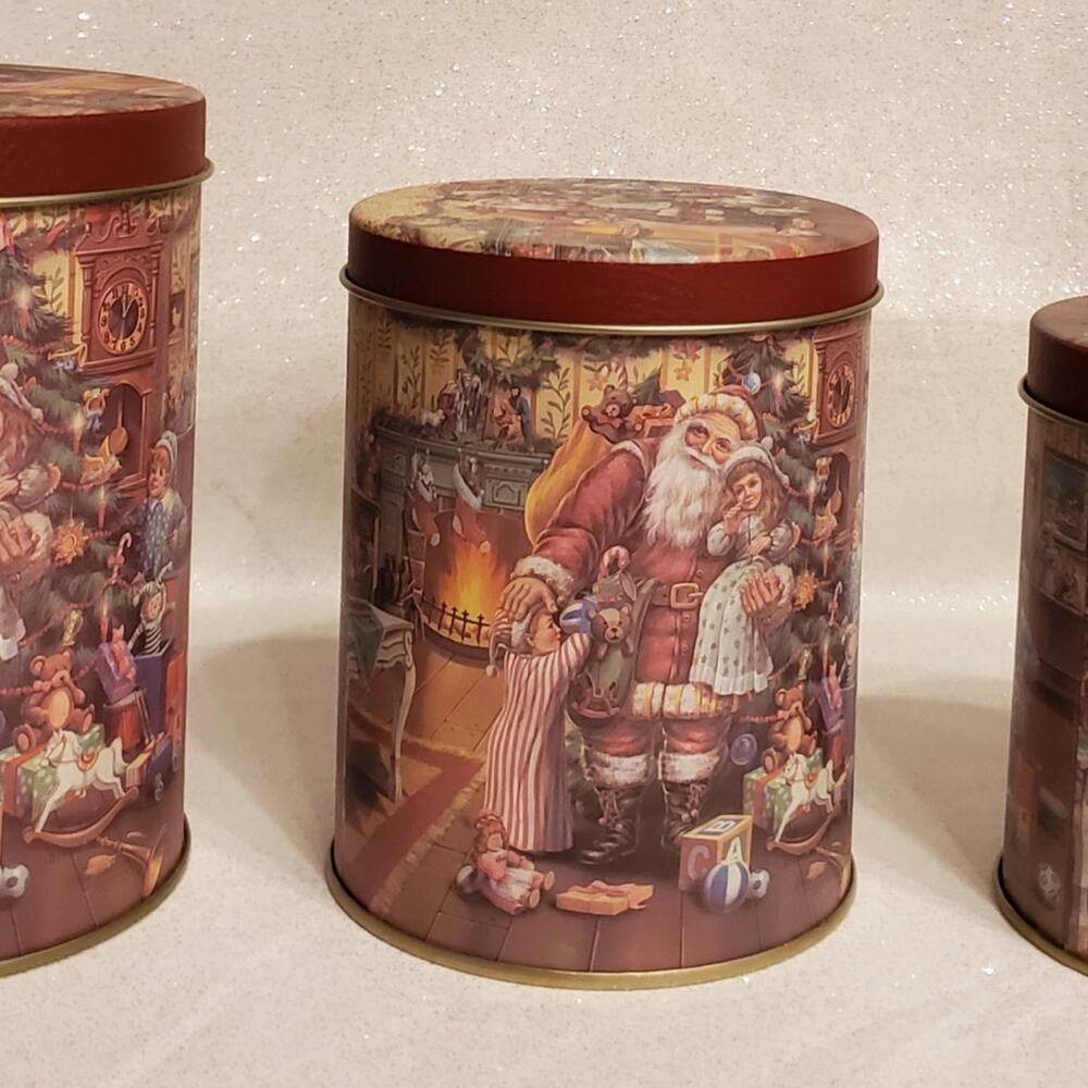 Set of 3 Vintage CHRISTMAS Round Santa Tin XMAS Canister Stackable